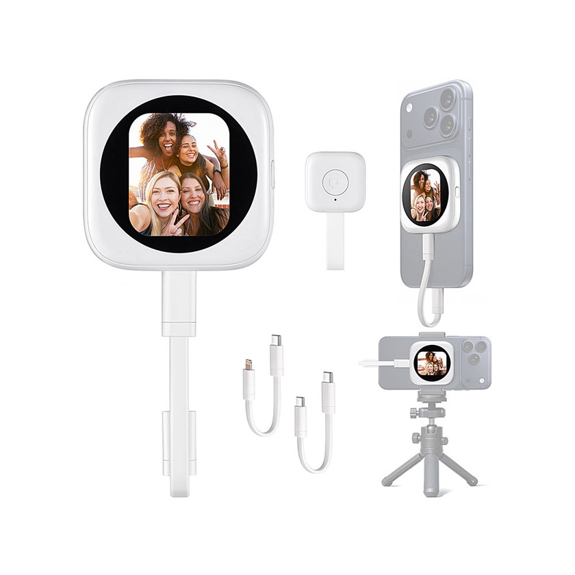 DA 磁吸自拍顯示器與遙控器及 iPhone 搭配示意