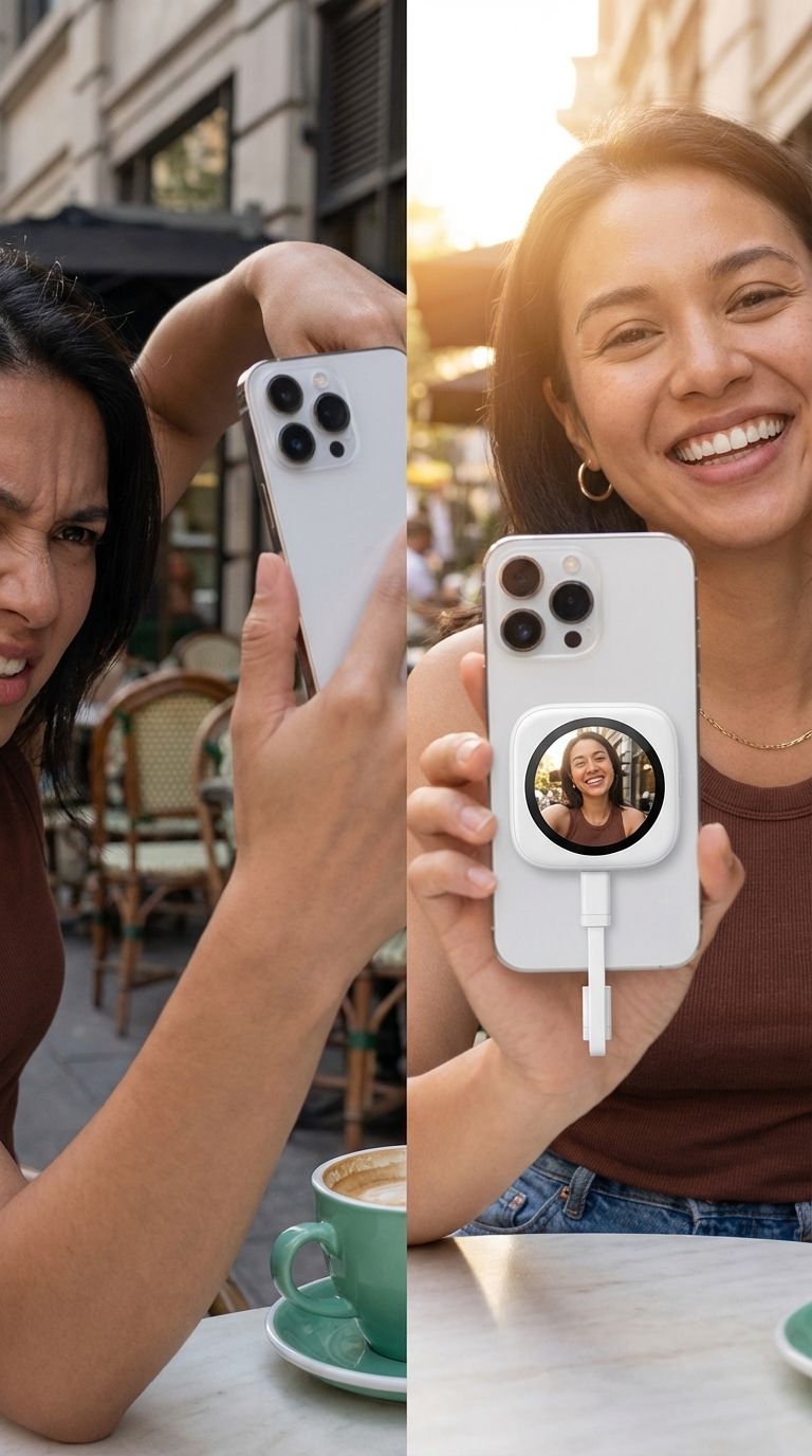 使用 DA 磁吸自拍顯示器前後對比示意