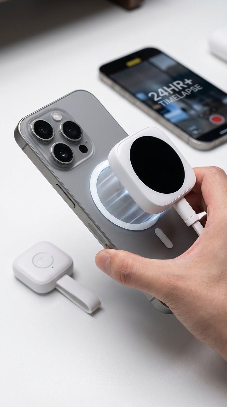 將 DA 磁吸自拍顯示器吸附至 iPhone 的使用情境海報